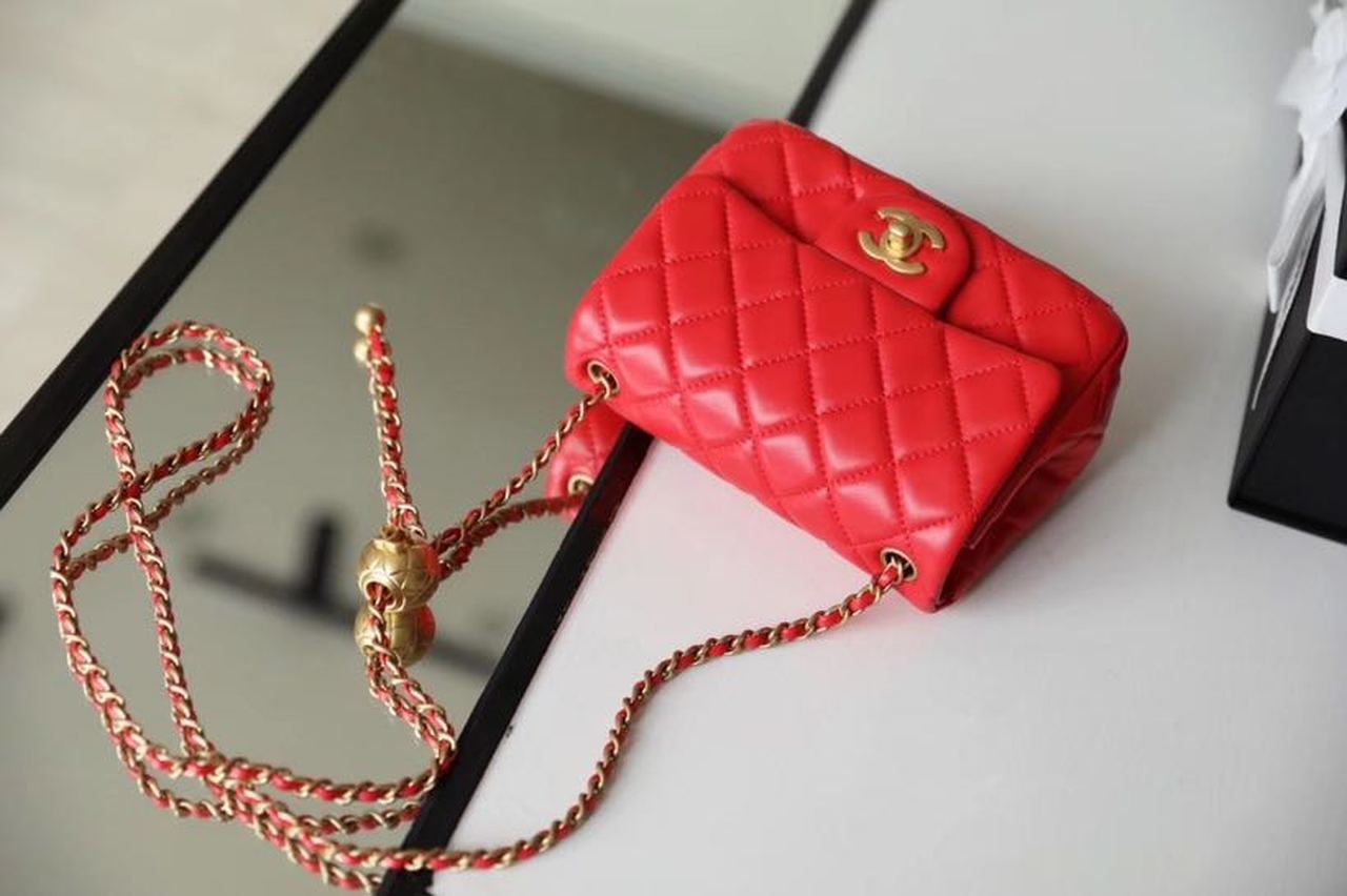 CHLMini Flap Bag With CHLBall On Strap Red For Women, Women’s Handbags, Shoulder And Crossbody Bags 6.7in/17cm AS1786