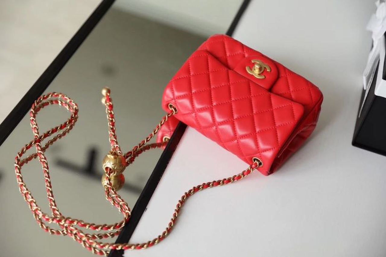 CHLMini GlamIap Bag With CHLBall On Strap Red For Women Handbags, Shoulder And Crossbody Bags 6.7in/17cm AS1786
