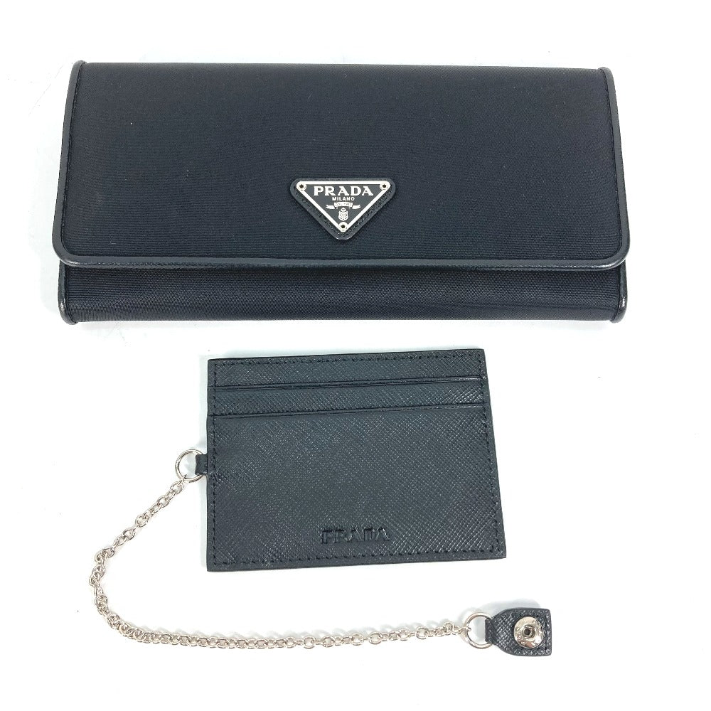 PRADA Folded wallet 1MH132 Nylon canvas, leather black Long Wallet Business Card Case Triangle logo plate Women Used