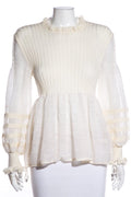 Chanel Ivory Lace Pattern Sleeves Ribbed Blouse SZ 42