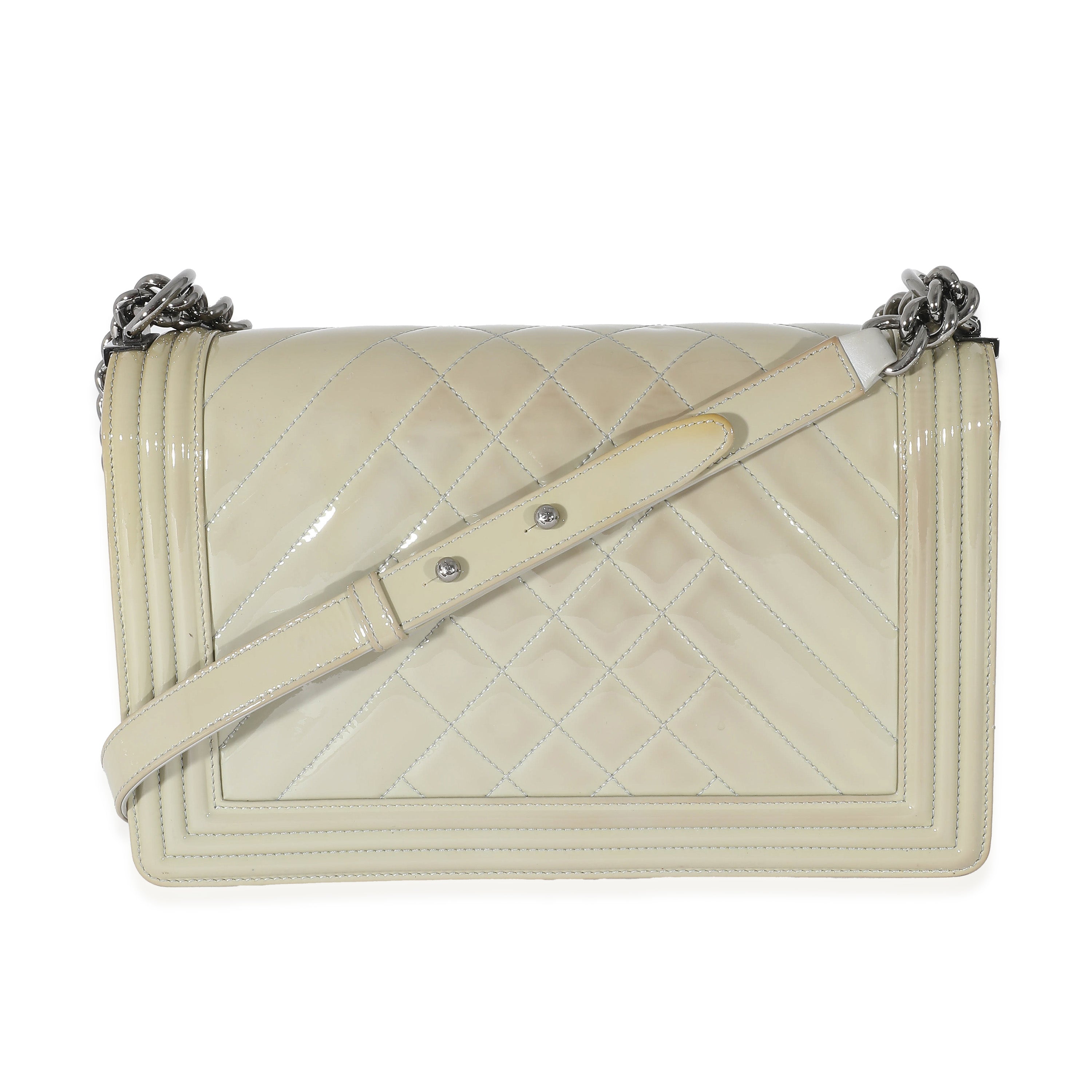Chanel 14P Grey Patent Mix Quilted New Medium Boy Bag