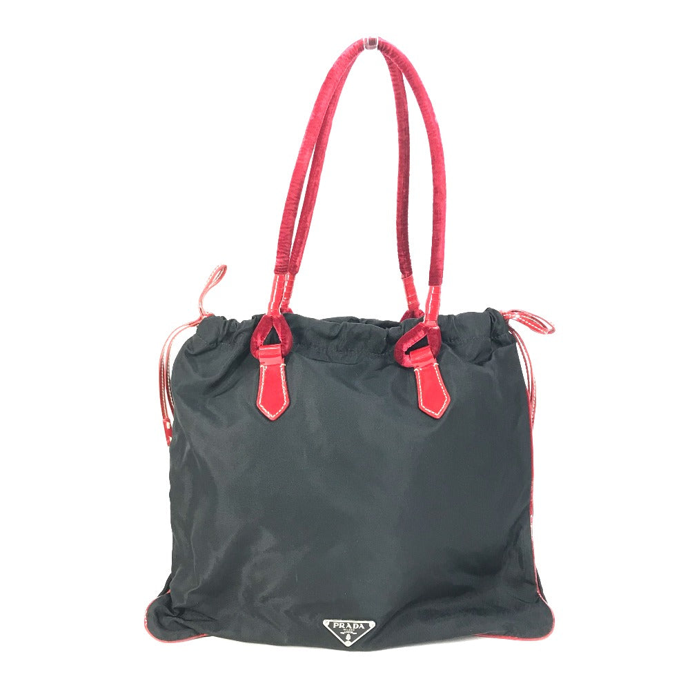 PRADA Handbag Patent leather, nylon, velour black By color logo drawstring bag triangle logo triangular logo plate Women Used