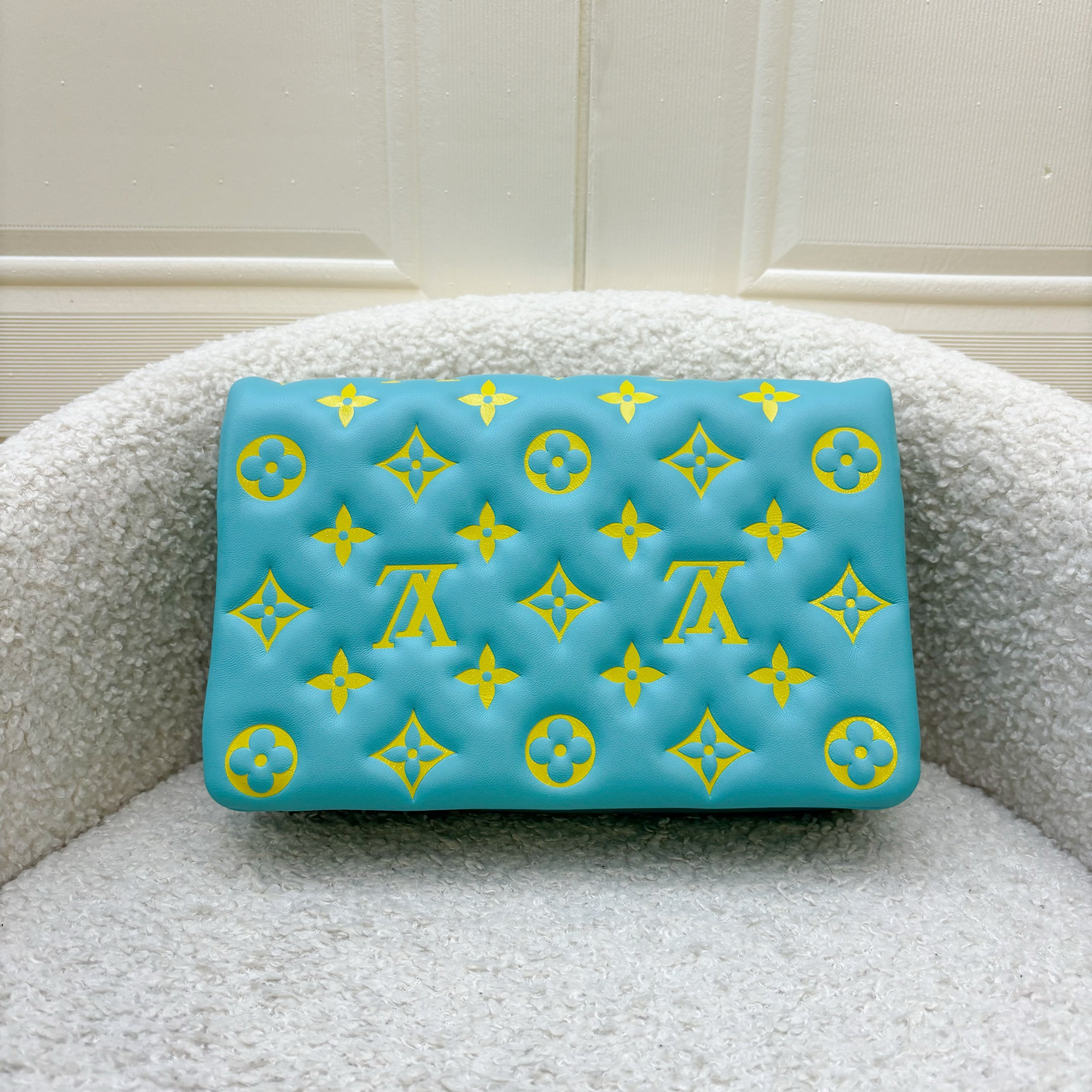 LV Pochette Coussin in Yellow / Cyan Monogram Embossed Lambskin and GHW