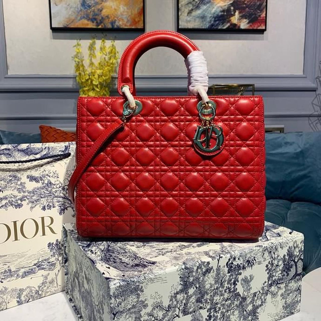 GLAMI Large Lady Bag Gold Toned Hardware Cherry Red Cannage For Women CD 12.5in/32cm M0566ONGE_M52R
