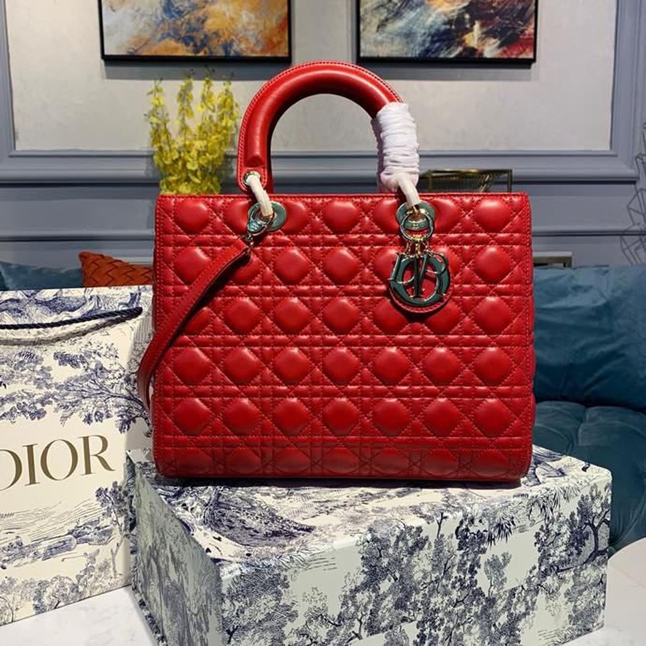 GLAMI Large Lady Bag Gold Toned Hardware Cherry Red Cannage For Women CD 12.5in/32cm M0566ONGE_M52R