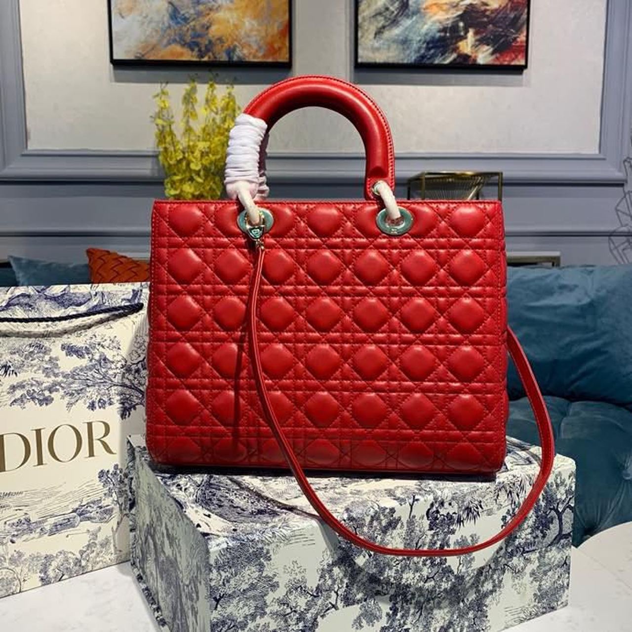 GLAMI Large Lady Bag Gold Toned Hardware Cherry Red Cannage For Women CD 12.5in/32cm M0566ONGE_M52R