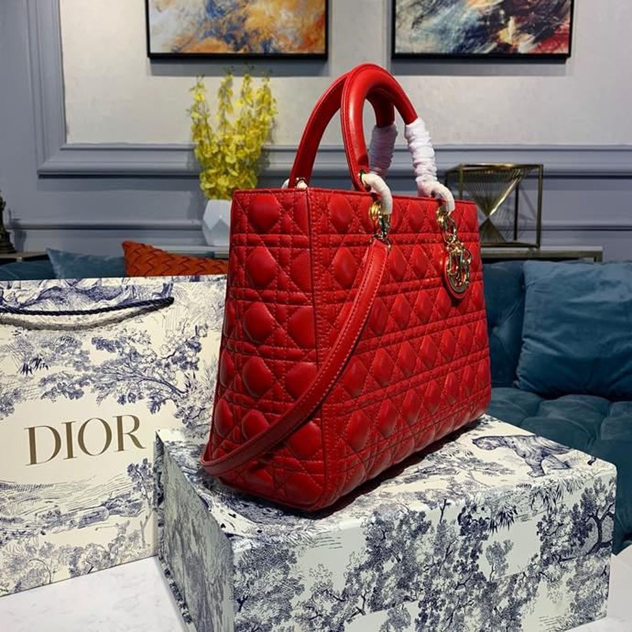 GLAMI Large Lady Bag Gold Toned Hardware Cherry Red Cannage For Women CD 12.5in/32cm M0566ONGE_M52R