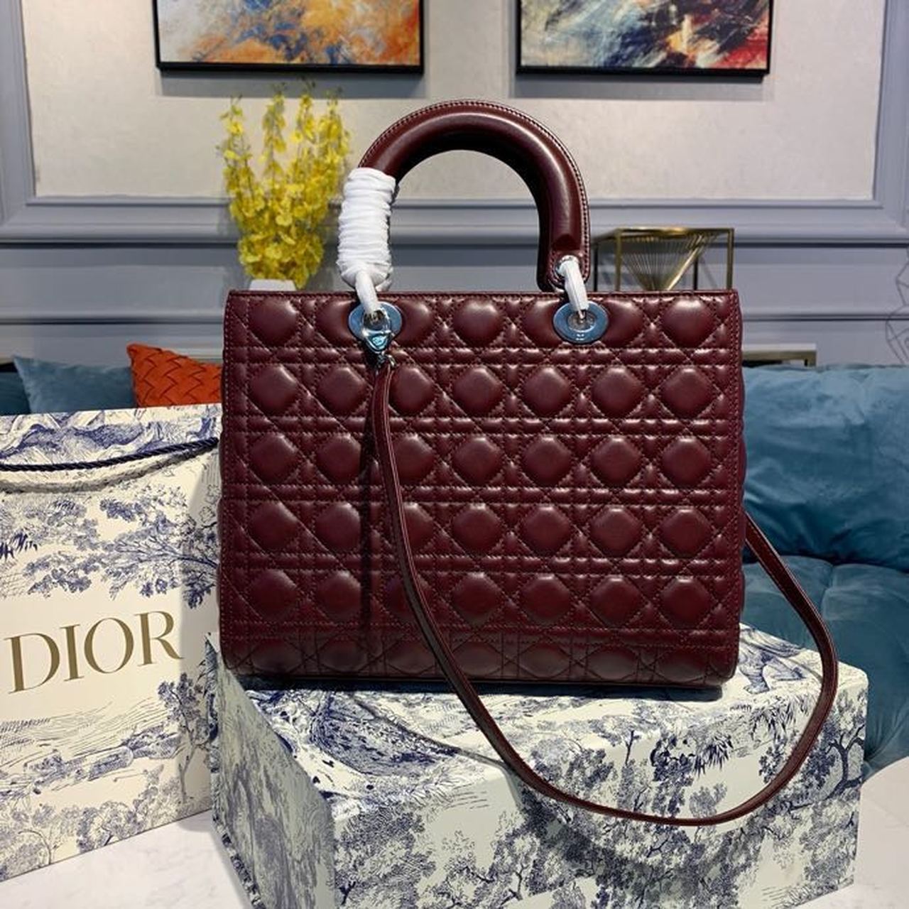 GLAMI Large Lady Bag Silver Hardware Burgundy Cannage For Women 12.5in/32cm CD