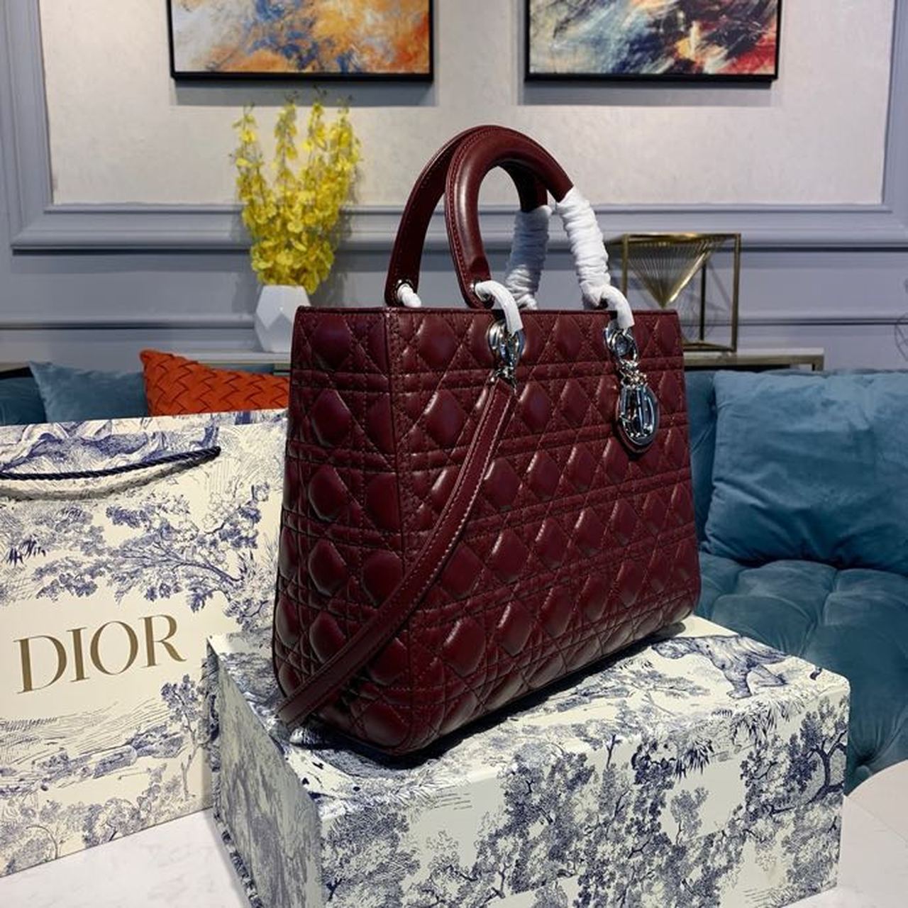 GLAMI Large Lady Bag Silver Hardware Burgundy Cannage For Women 12.5in/32cm CD