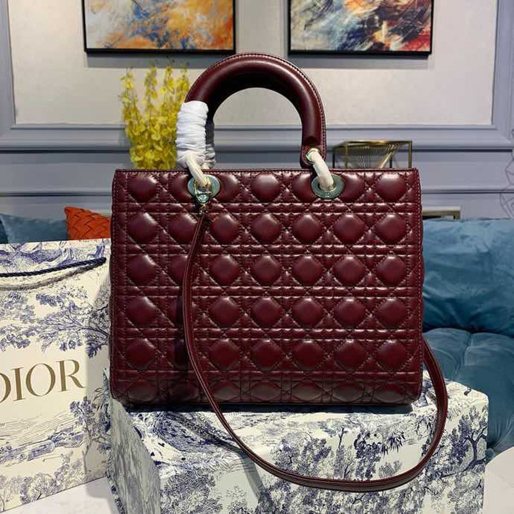 GLAMI Large Lady Bag Gold Toned Hardware Burgundy Cannage For Women 12.5in/32cm CD