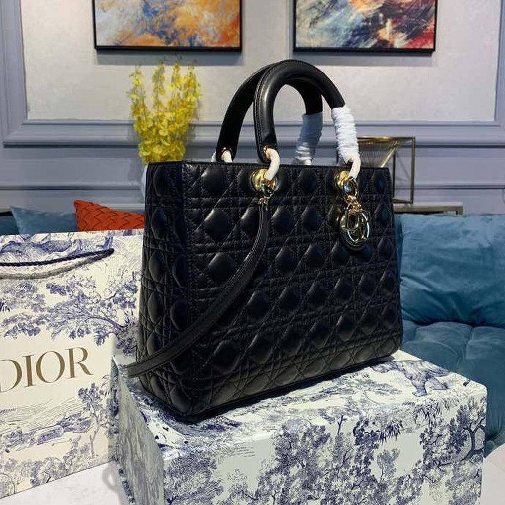 GLAMI Large Lady Bag Gold Toned Hardware Black Cannage For Women 12.5in/32cm CD