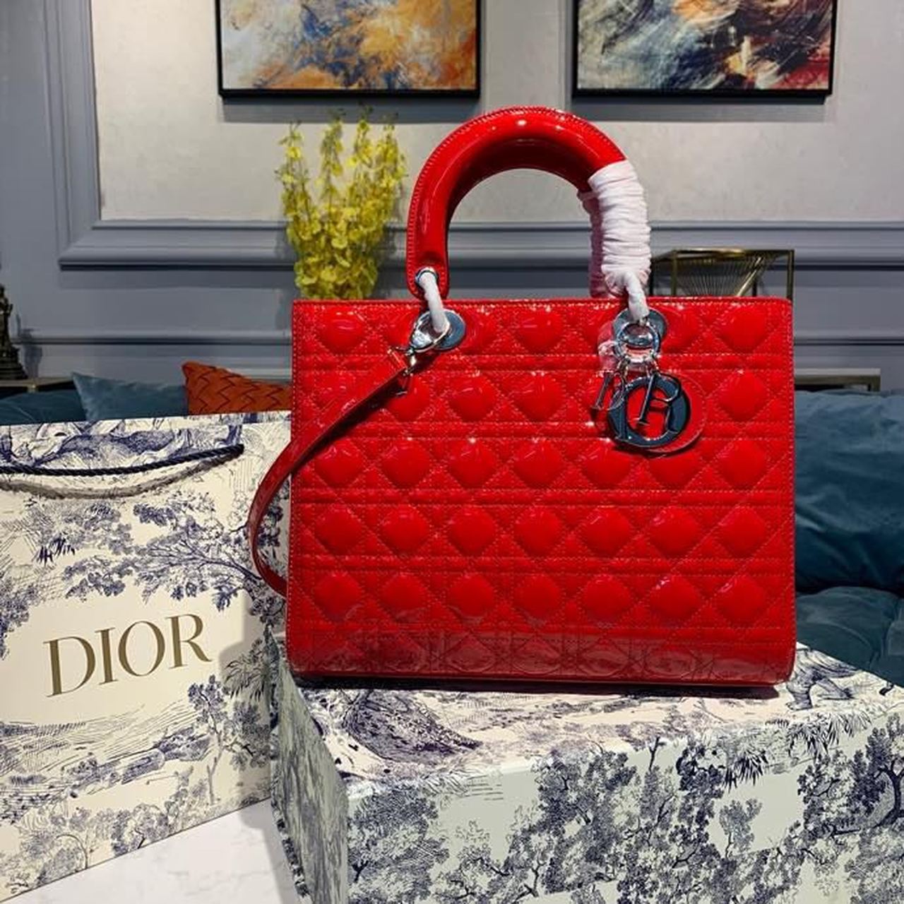 GLAMI Large Lady Bag Silver Hardware Red Patent For Women 12.5in/32cm CD