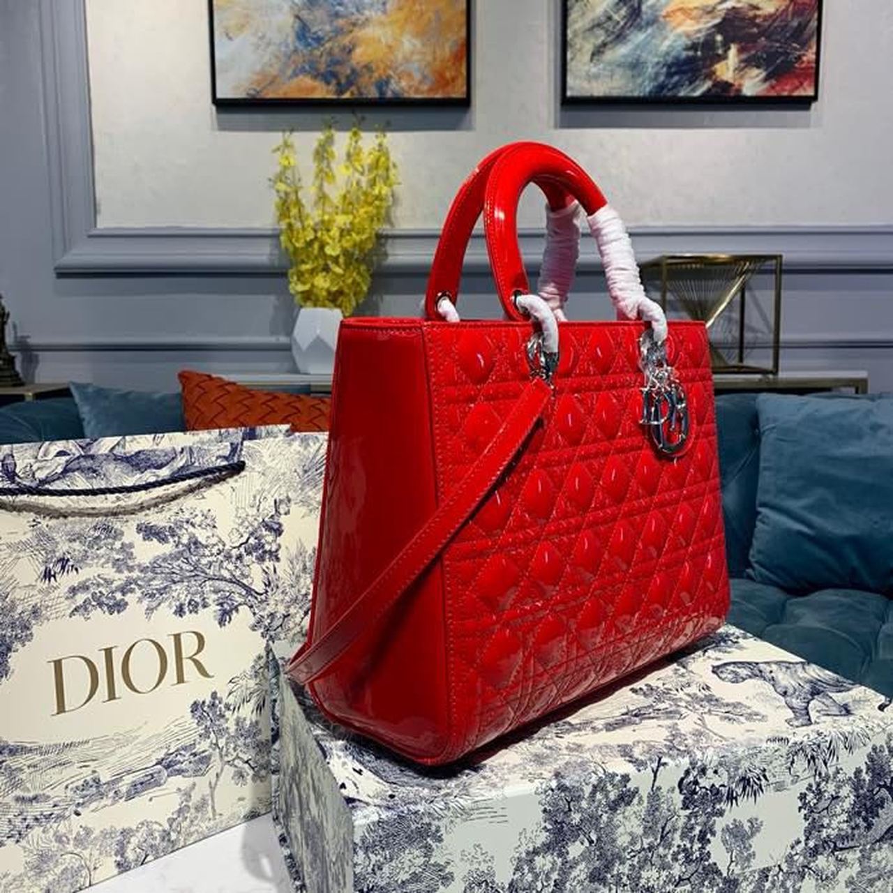GLAMI Large Lady Bag Silver Hardware Red Patent For Women 12.5in/32cm CD