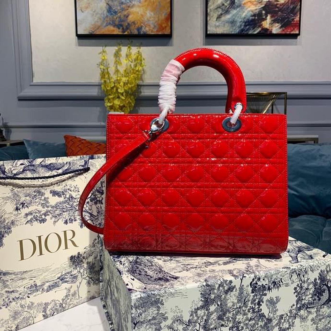 GLAMI Large Lady Bag Silver Hardware Red Patent For Women 12.5in/32cm CD