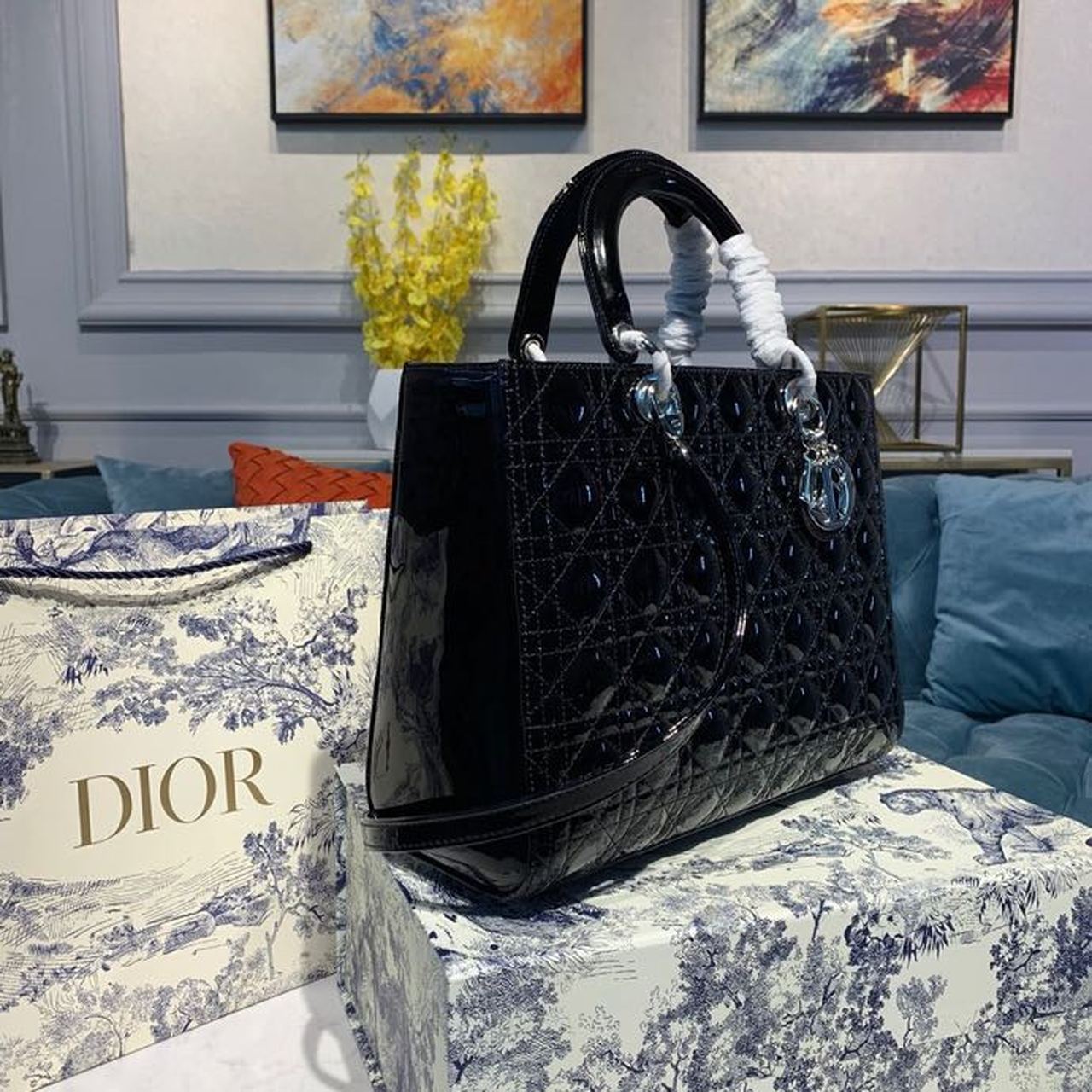 GLAMI Large Lady Bag Silver Hardware Black Patent For Women 12.5in/32cm CD M0566OWCB_M900