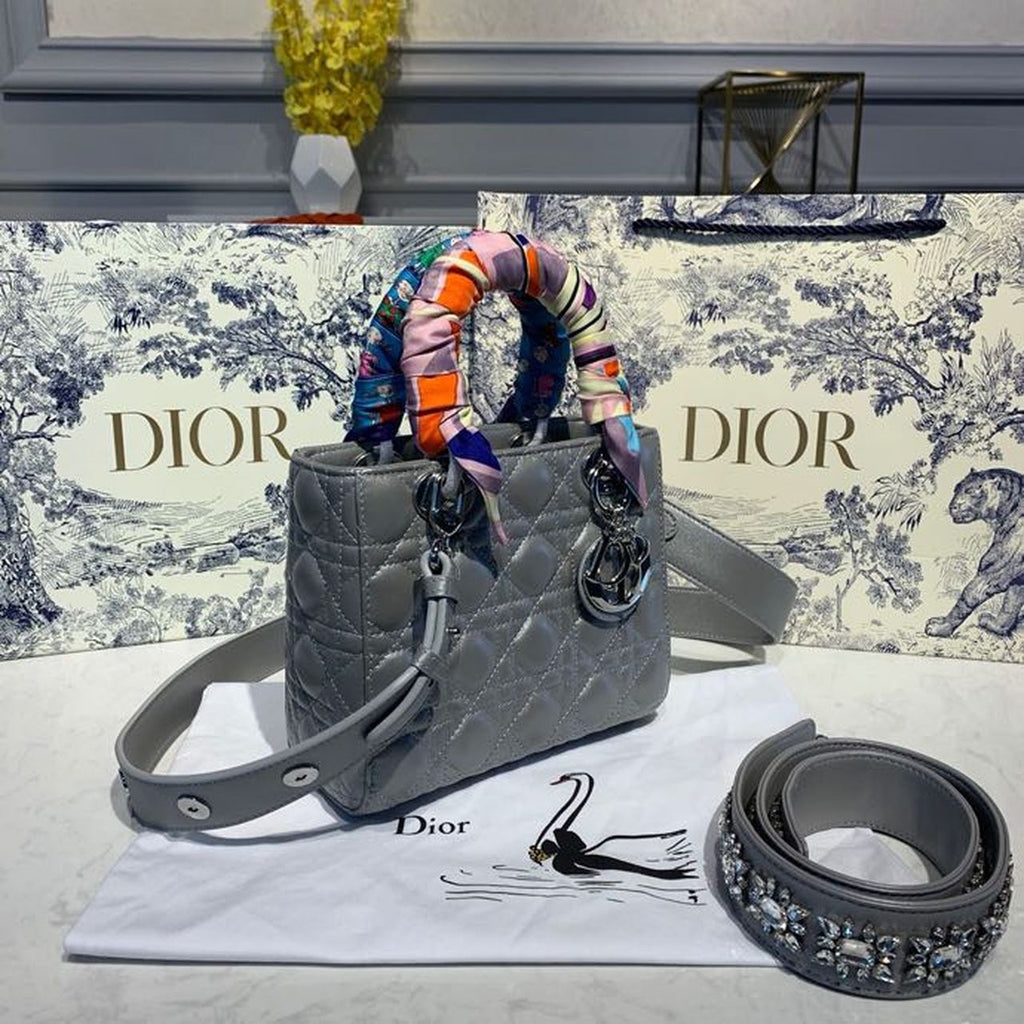 GLAMI Small Lady Bag Silver Hardware with Embellished Bag Strap Pearl Grey For Women 8in/20cm CD