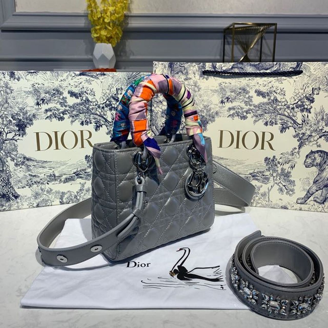 GLAMI Small Lady Bag Silver Hardware with Embellished Bag Strap Pearl Grey For Women 8in/20cm CD