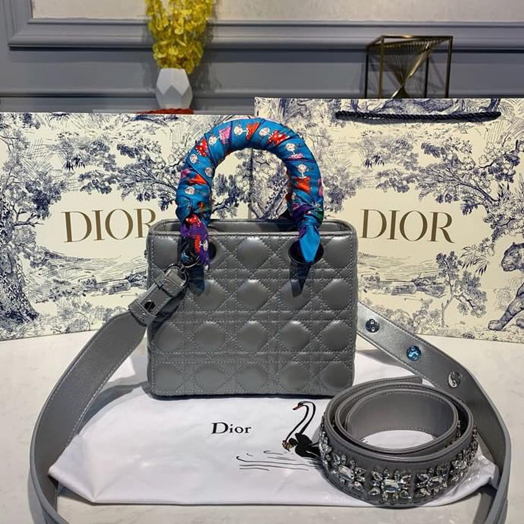 GLAMI Small Lady Bag Silver Hardware with Embellished Bag Strap Pearl Grey For Women 8in/20cm CD