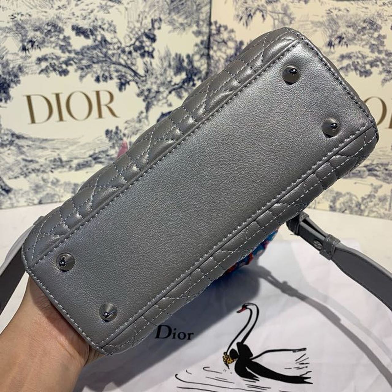 GLAMI Small Lady Bag Silver Hardware with Embellished Bag Strap Pearl Grey For Women 8in/20cm CD