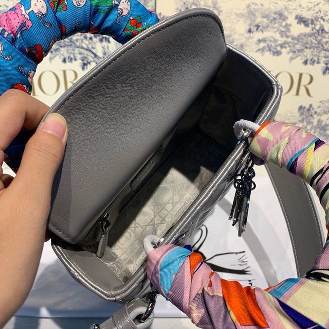 GLAMI Small Lady Bag Silver Hardware with Embellished Bag Strap Pearl Grey For Women 8in/20cm CD