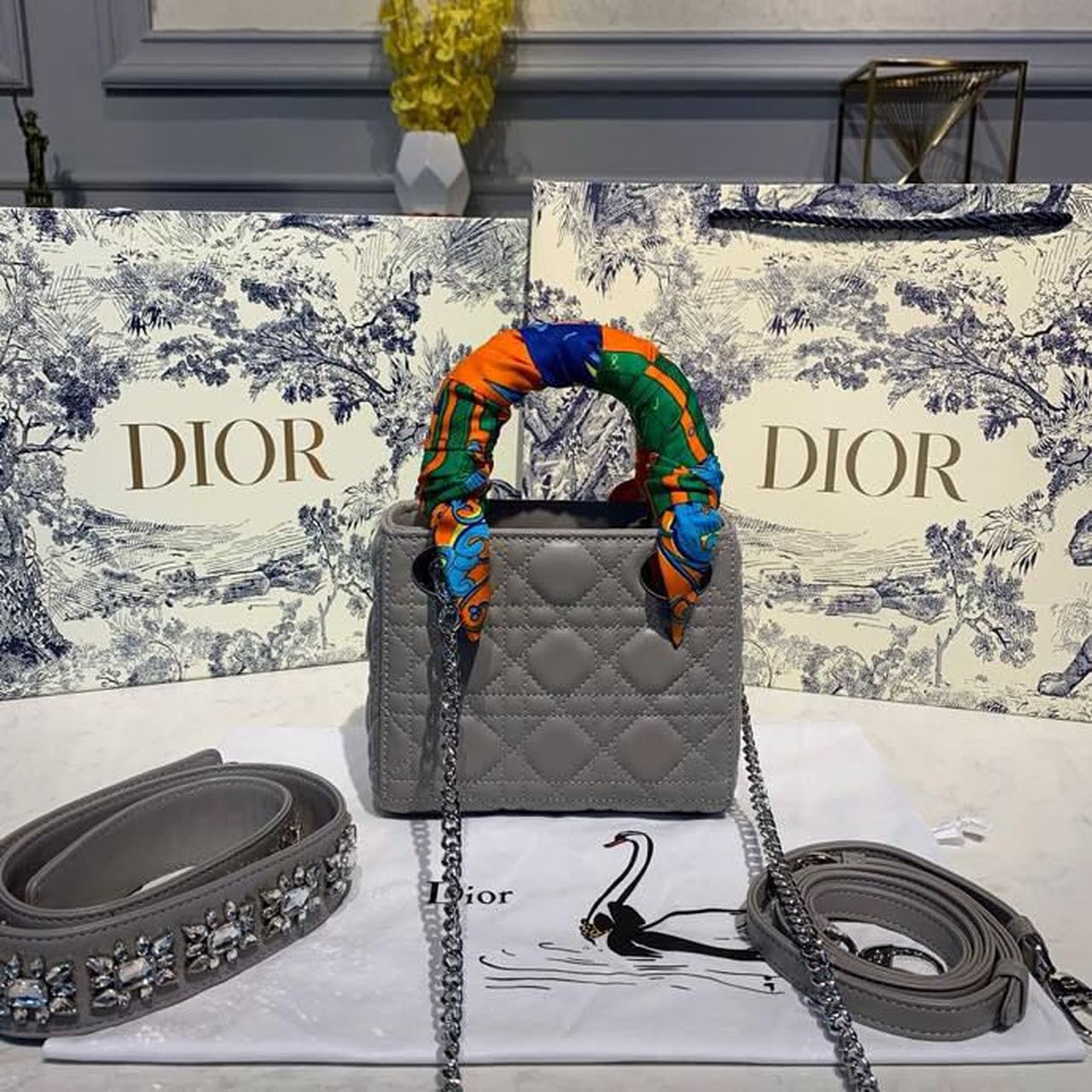 GLAMI Mini Lady Bag with Chain and Embellished Bag Strap Silver Hardware Spring/Summer Collection, Grey, For Women WomenÃ¢â‚¬â„¢s Handbags, 18cm CD