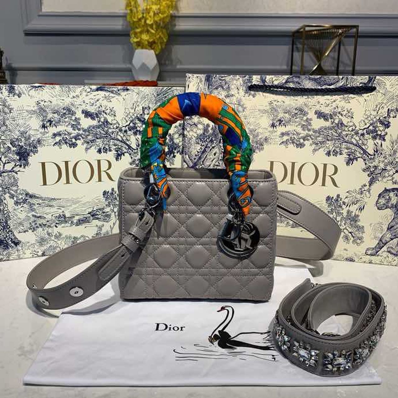 GLAMI Small Lady Bag Silver Hardware with Embellished Bag Strap Grey For Women 8in/20cm CD