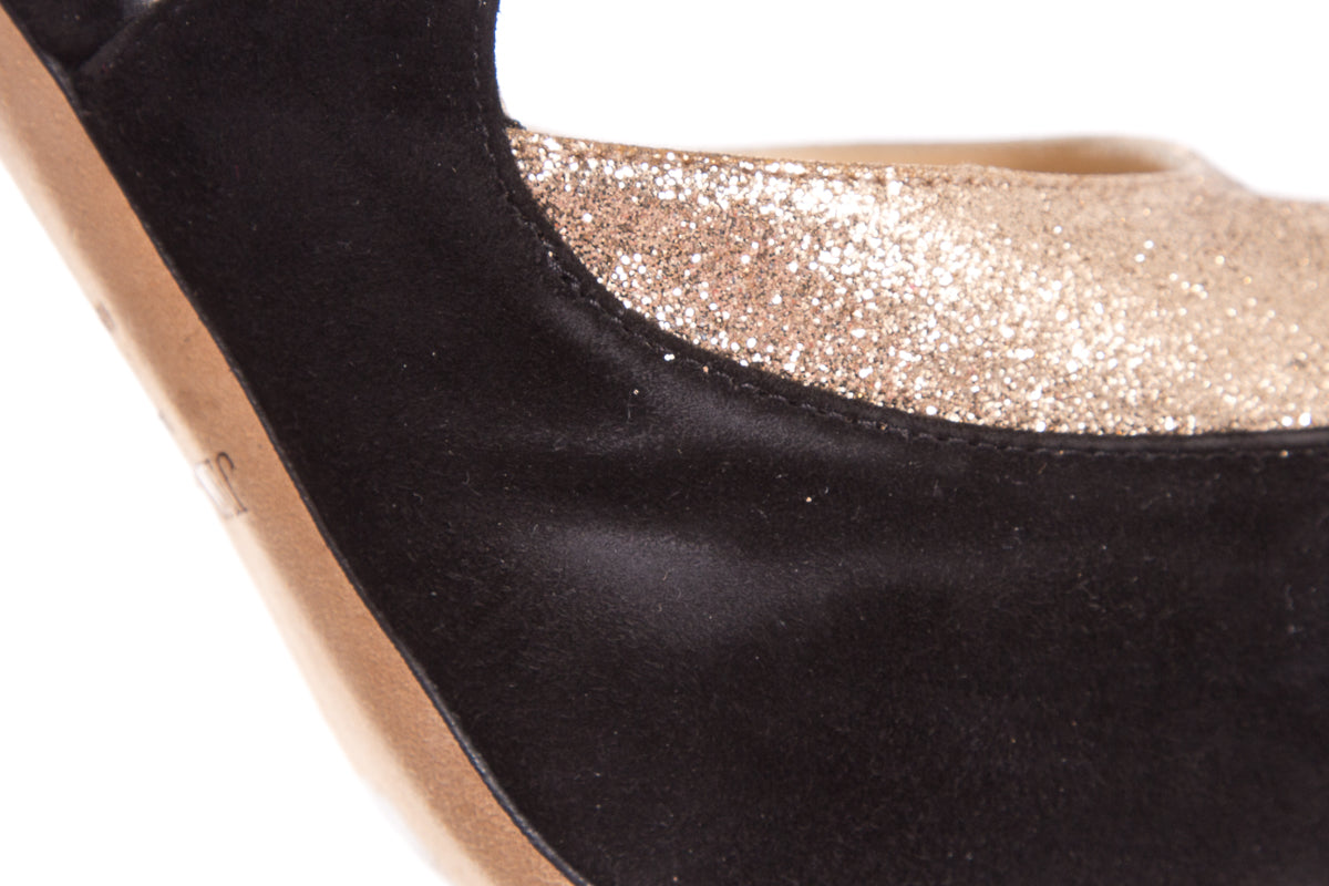 Jimmy Choo Rose Gold Glitter & Black Suede Heels SZ 41