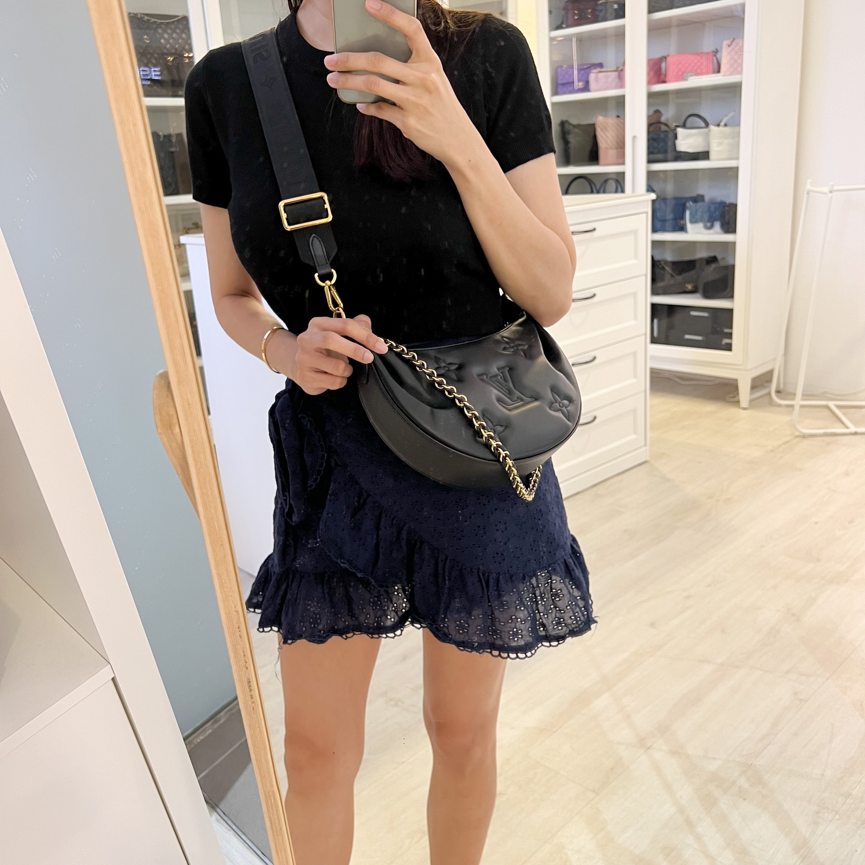 LV Over The Moon Bag in Black Bubblegram Calfskin and GHW with Canvas Strap and Chain Strap