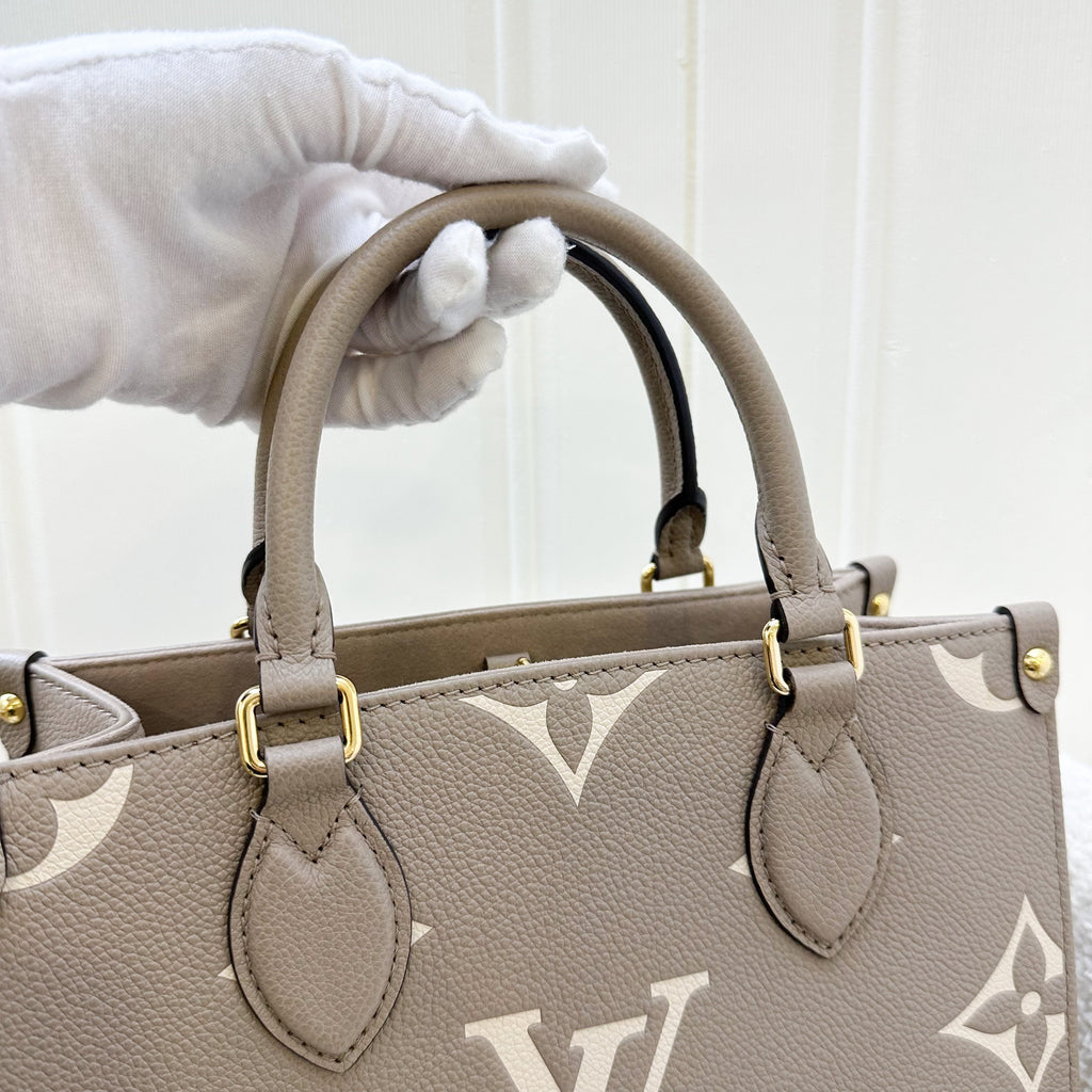 LV Onthego PM in Tourterelle (Grey) / Creme Giant Monogram Empreinte Leather and GHW