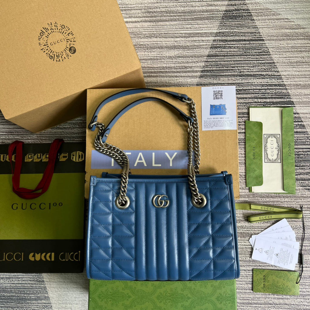 gg Marmont Medium Matelasse Tote Blue For Women, Women’s Bags 13.6in/34cm gg ‎‎675796 UM8BF 4340