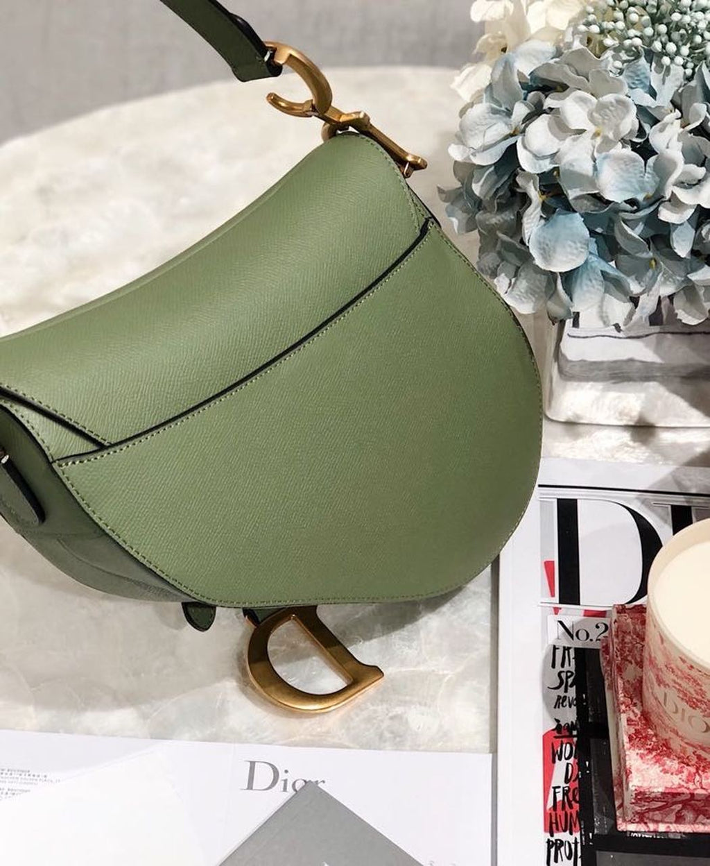 GLAMI GLAMIdar Green Grained Saddle Bag Gold Toned Hardware Canvas For Women 25cm/10in CD M0446CBAA_M67H