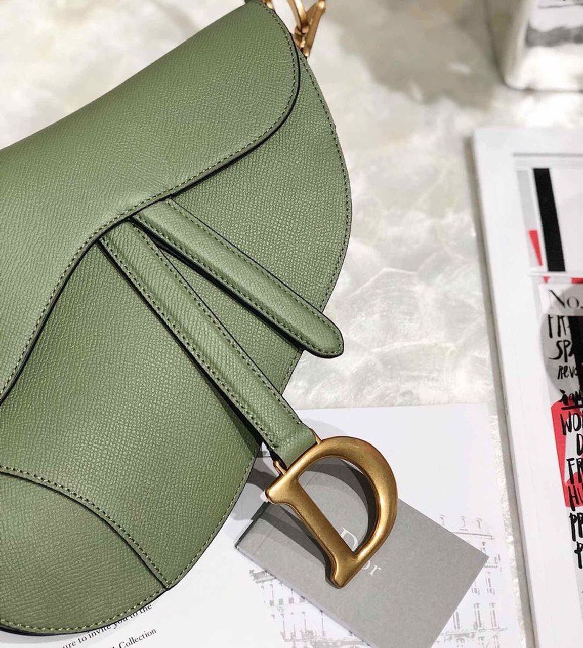 GLAMI GLAMIdar Green Grained Saddle Bag Gold Toned Hardware Canvas For Women 25cm/10in CD M0446CBAA_M67H