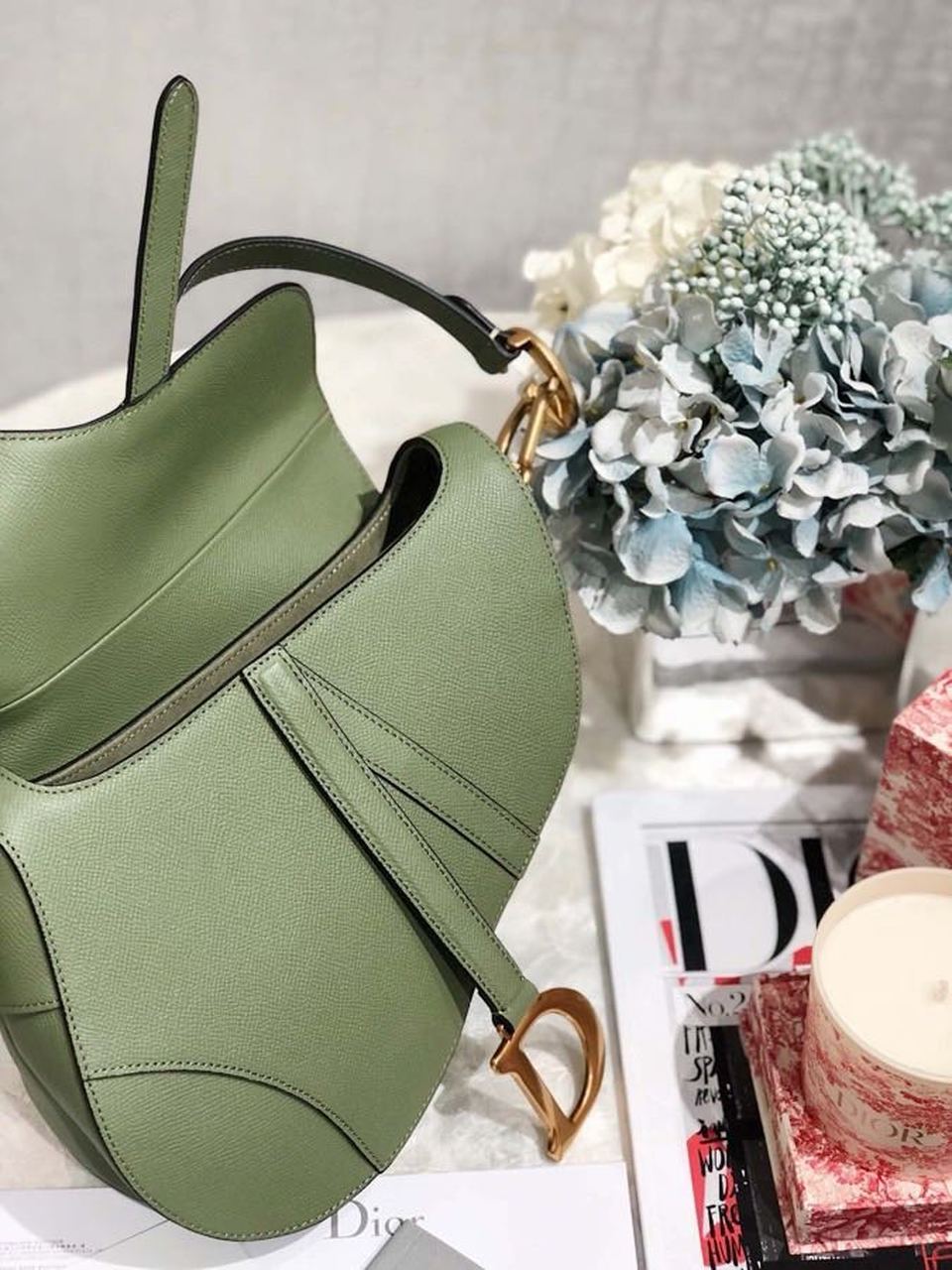 GLAMI GLAMIdar Green Grained Saddle Bag Gold Toned Hardware Canvas For Women 25cm/10in CD M0446CBAA_M67H