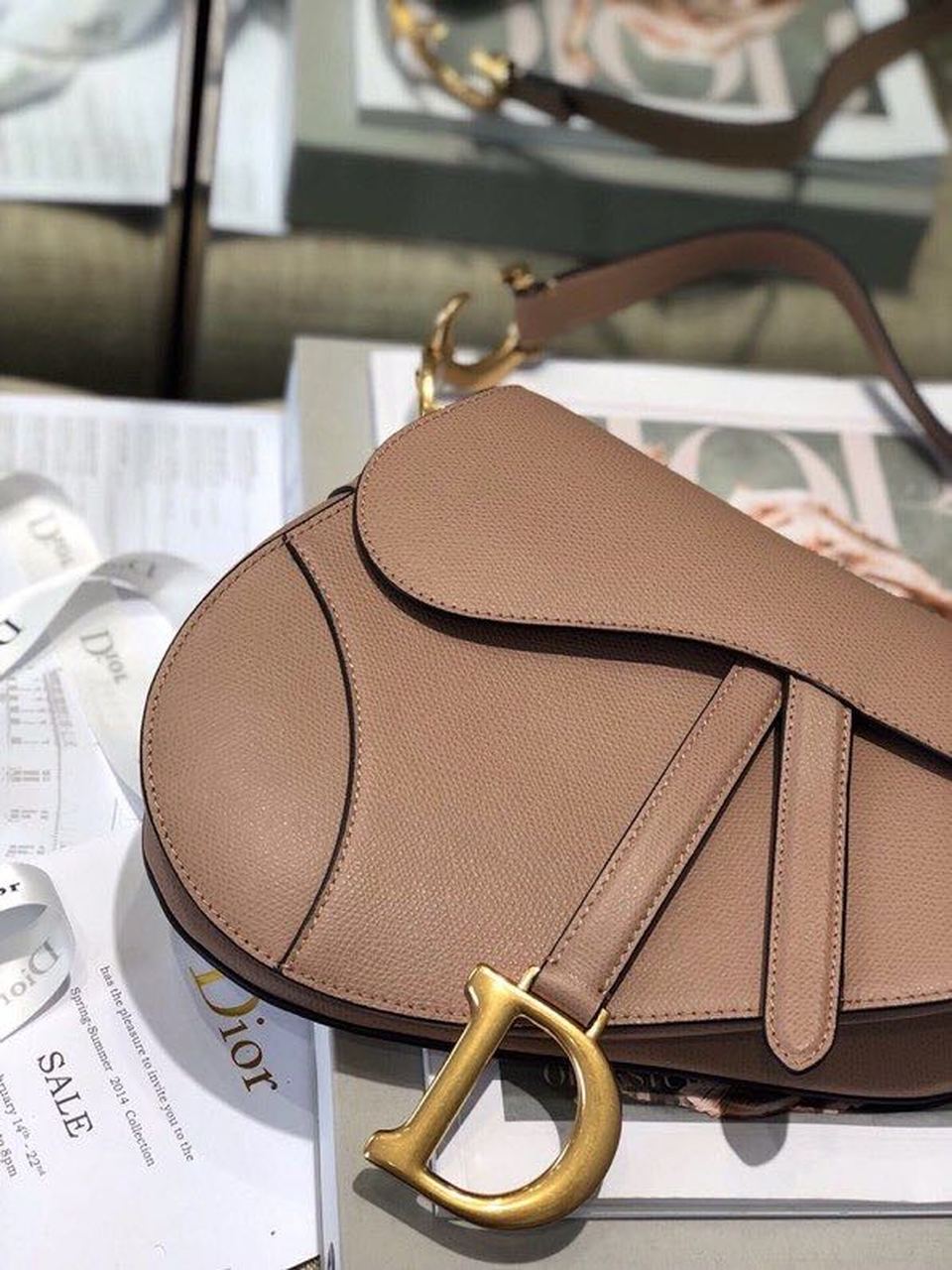 GLAMI Warm Taupe Grained Saddle Bag Gold Toned Hardware Canvas For Women 25cm/10in CD M0446CBAA_M45M