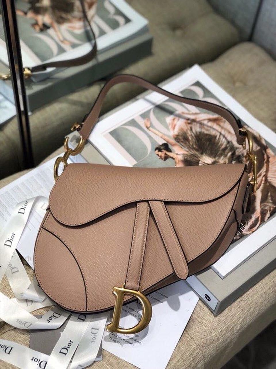 GLAMI Warm Taupe Grained Saddle Bag Gold Toned Hardware Canvas For Women 25cm/10in CD M0446CBAA_M45M