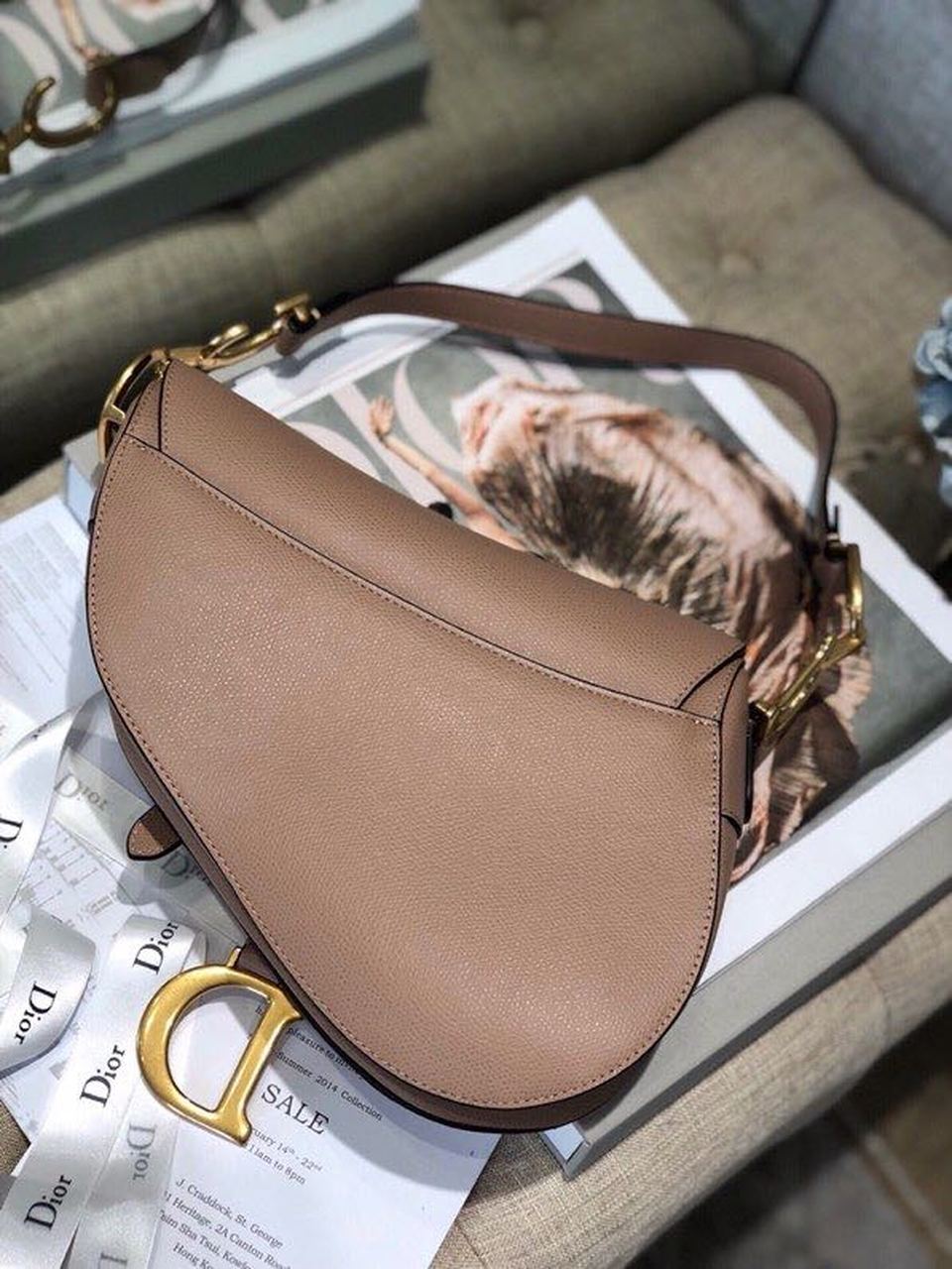 GLAMI Warm Taupe Grained Saddle Bag Gold Toned Hardware Canvas For Women 25cm/10in CD M0446CBAA_M45M