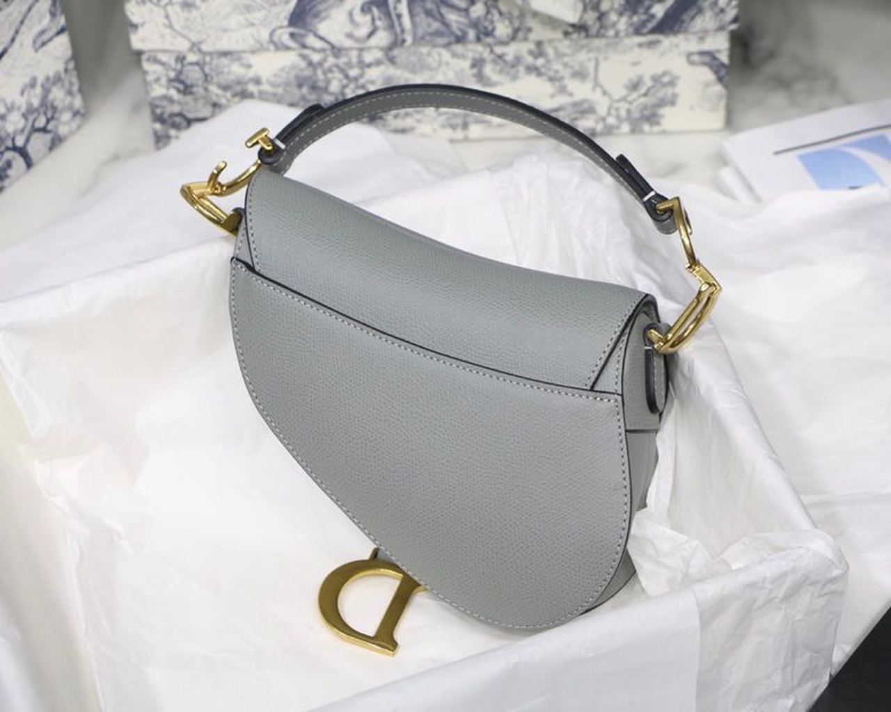 GLAMI Saddle Bag Light Blue Grained Gold Toned Hardware Canvas For Women 19.5cm/7.6in CD