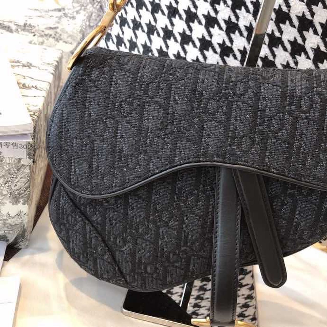 GLAMI Saddle Bag Black Oblique Embroidered Canvas Gold Toned Hardware For Women 25cm/10in CD
