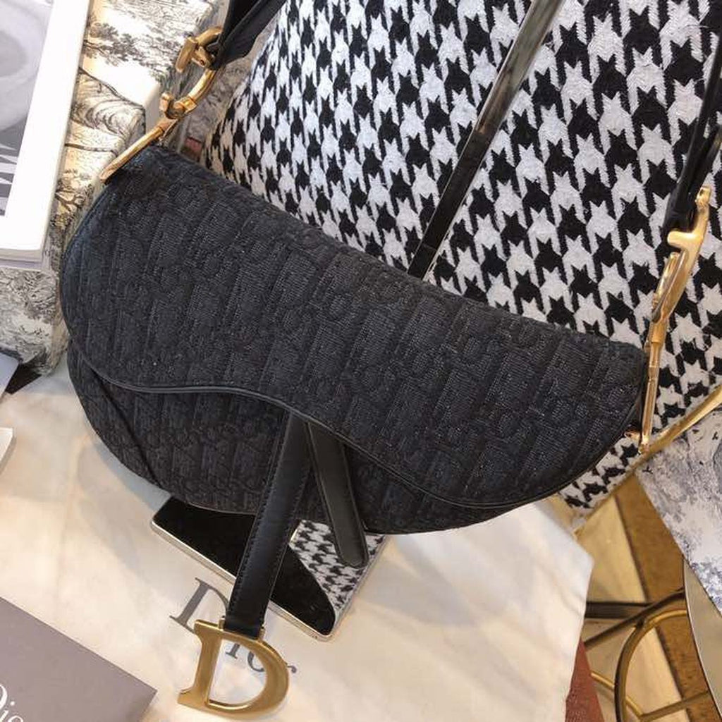 GLAMI Saddle Bag Black Oblique Embroidered Canvas Gold Toned Hardware For Women 25cm/10in CD