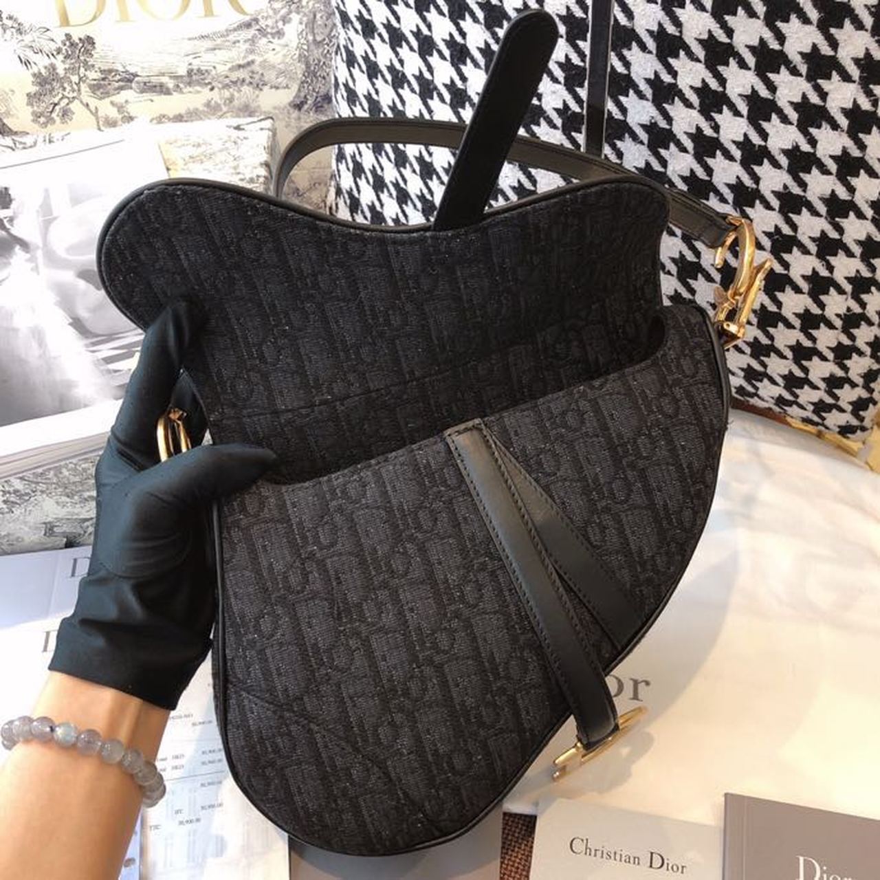 GLAMI Saddle Bag Black Oblique Embroidered Canvas Gold Toned Hardware For Women 25cm/10in CD