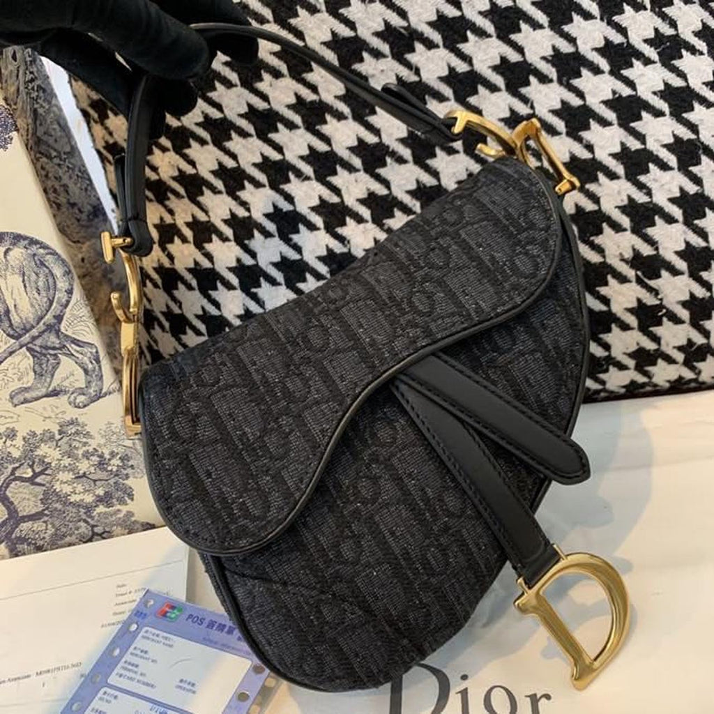 GLAMI Saddle Bag Black Oblique Embroidered Canvas Gold Toned Hardware For Women 19.5cm/7.6in CD