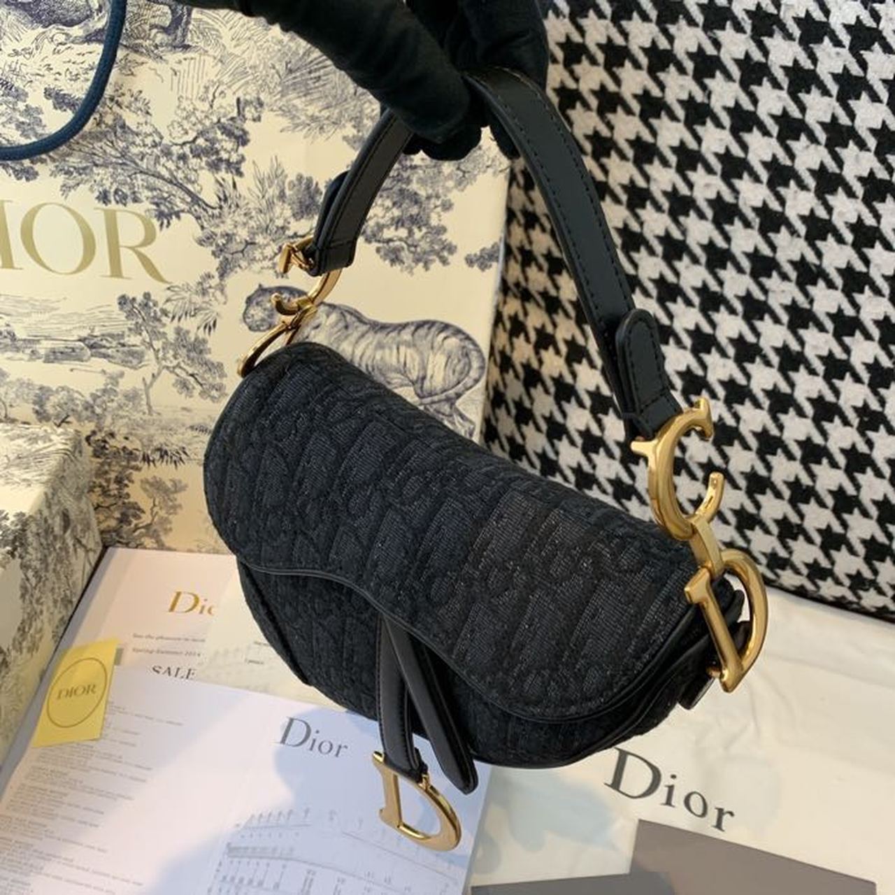 GLAMI Saddle Bag Black Oblique Embroidered Canvas Gold Toned Hardware For Women 19.5cm/7.6in CD