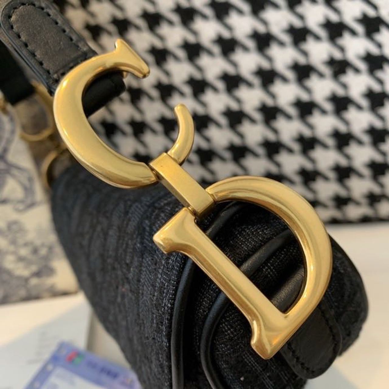 GLAMI Saddle Bag Black Oblique Embroidered Canvas Gold Toned Hardware For Women 19.5cm/7.6in CD