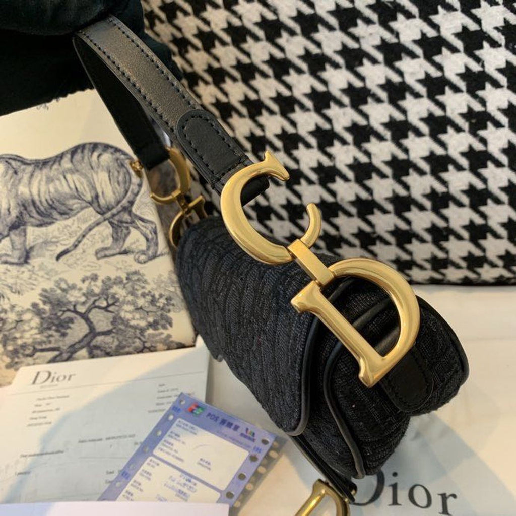 GLAMI Saddle Bag Black Oblique Embroidered Canvas Gold Toned Hardware For Women 19.5cm/7.6in CD
