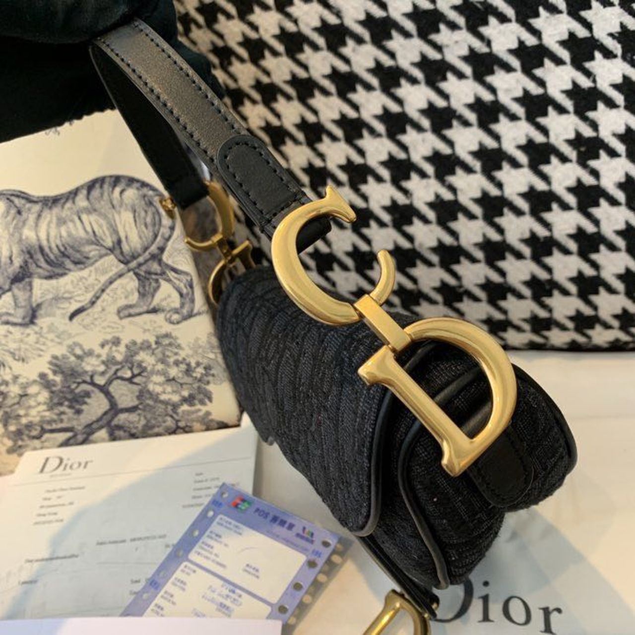 GLAMI Saddle Bag Black Oblique Embroidered Canvas Gold Toned Hardware For Women 19.5cm/7.6in CD