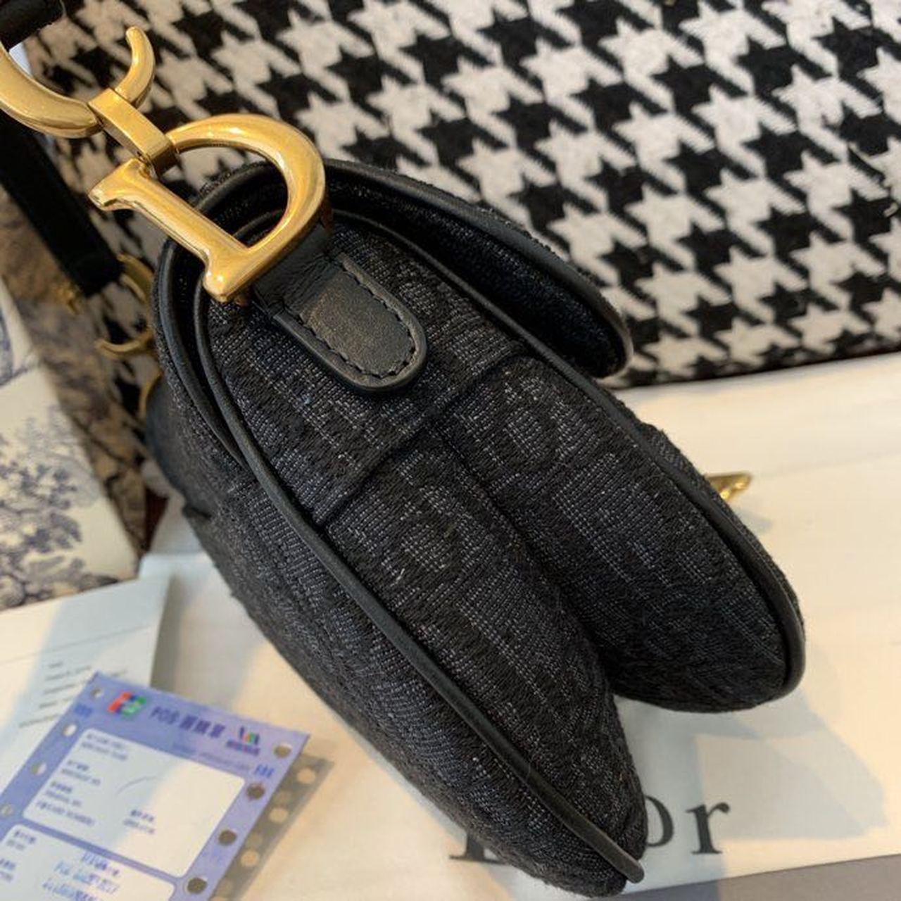 GLAMI Saddle Bag Black Oblique Embroidered Canvas Gold Toned Hardware For Women 19.5cm/7.6in CD