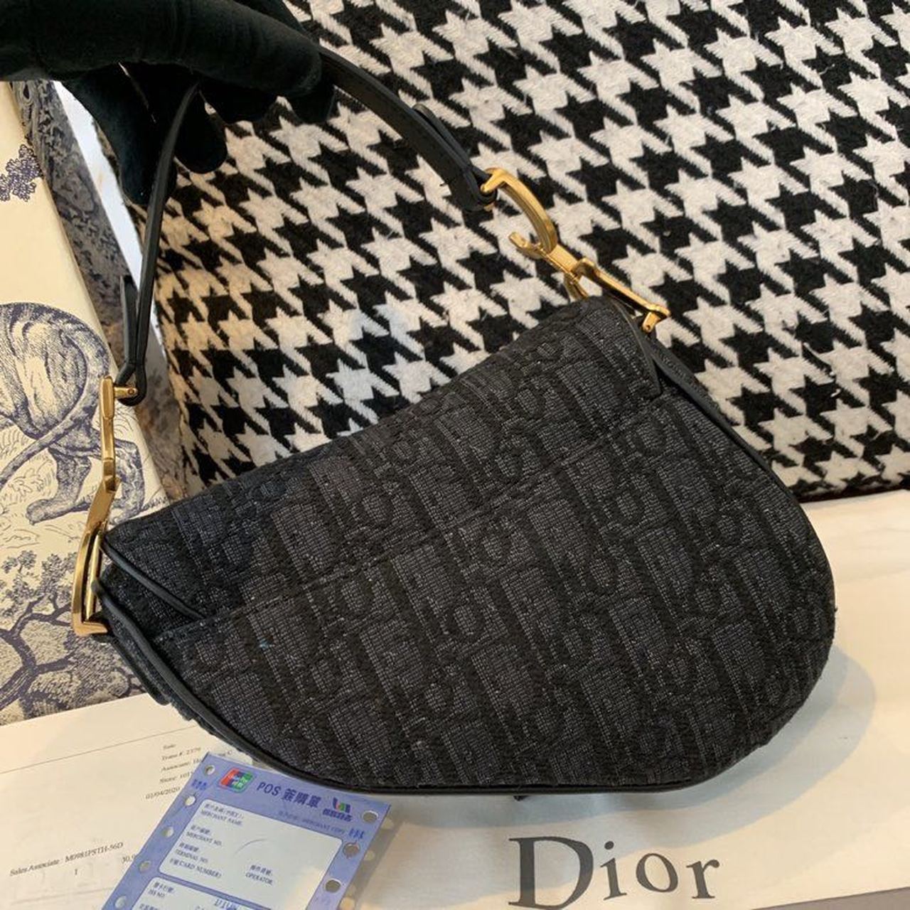 GLAMI Saddle Bag Black Oblique Embroidered Canvas Gold Toned Hardware For Women 19.5cm/7.6in CD