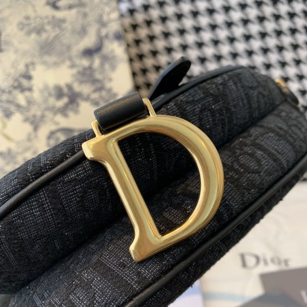 GLAMI Saddle Bag Black Oblique Embroidered Canvas Gold Toned Hardware For Women 19.5cm/7.6in CD