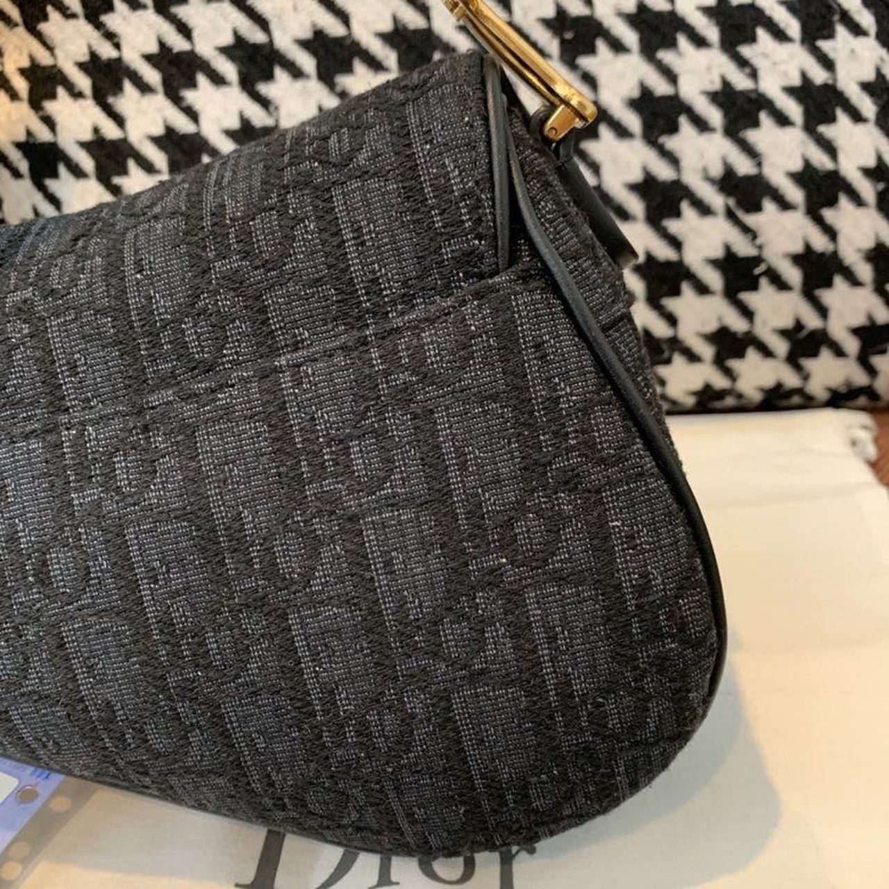 GLAMI Saddle Bag Black Oblique Embroidered Canvas Gold Toned Hardware For Women 19.5cm/7.6in CD