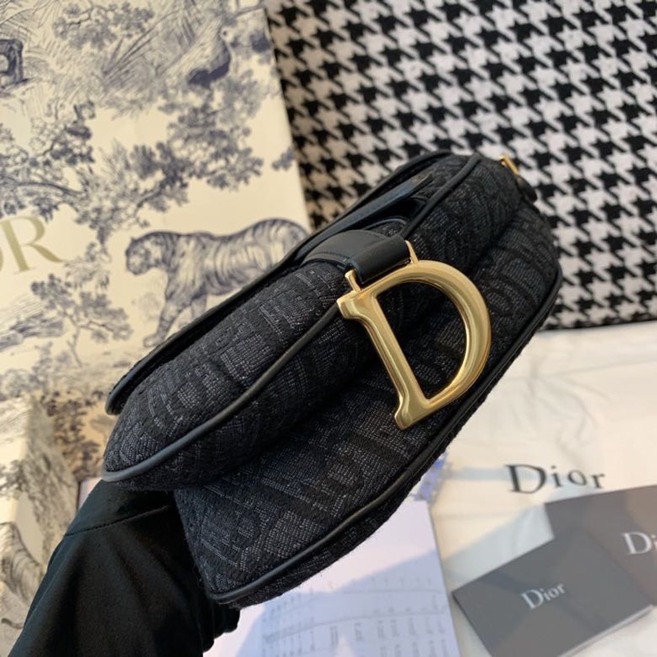 GLAMI Saddle Bag Black Oblique Embroidered Canvas Gold Toned Hardware For Women 19.5cm/7.6in CD